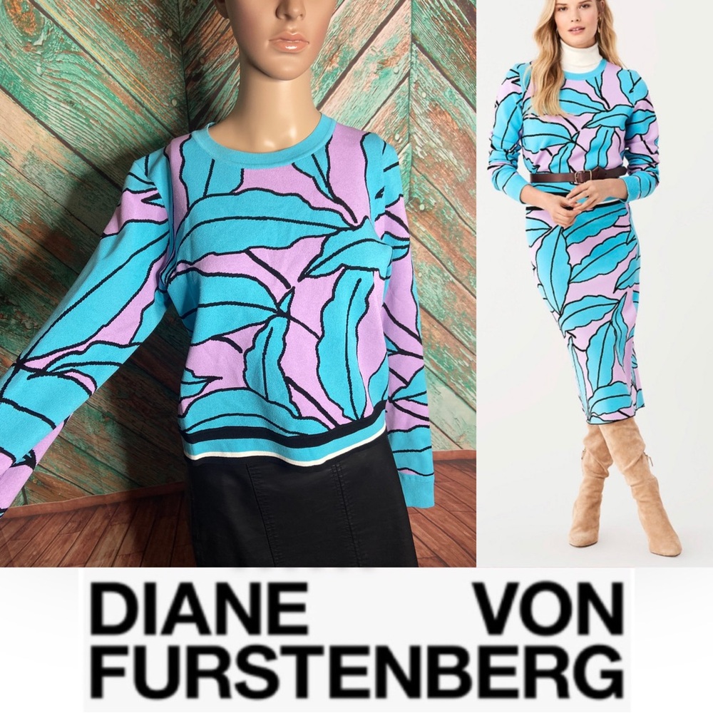 Diane Von Furstenberg Paskavan Pink & Turquoise Tropical Intarsia Sweater